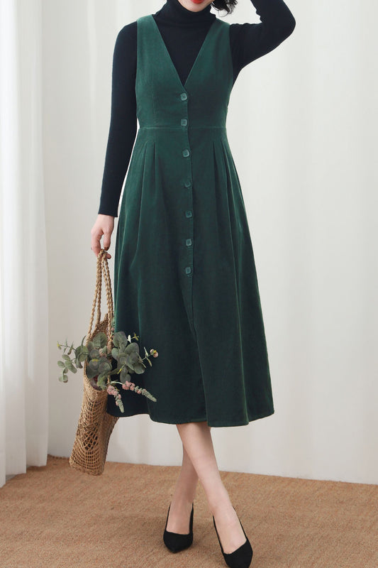 Dark Green Corduroy Midi Dress: Sleeveless A-Line Button Front Vintage Style Dress, Handmade, Ylistyle C5446