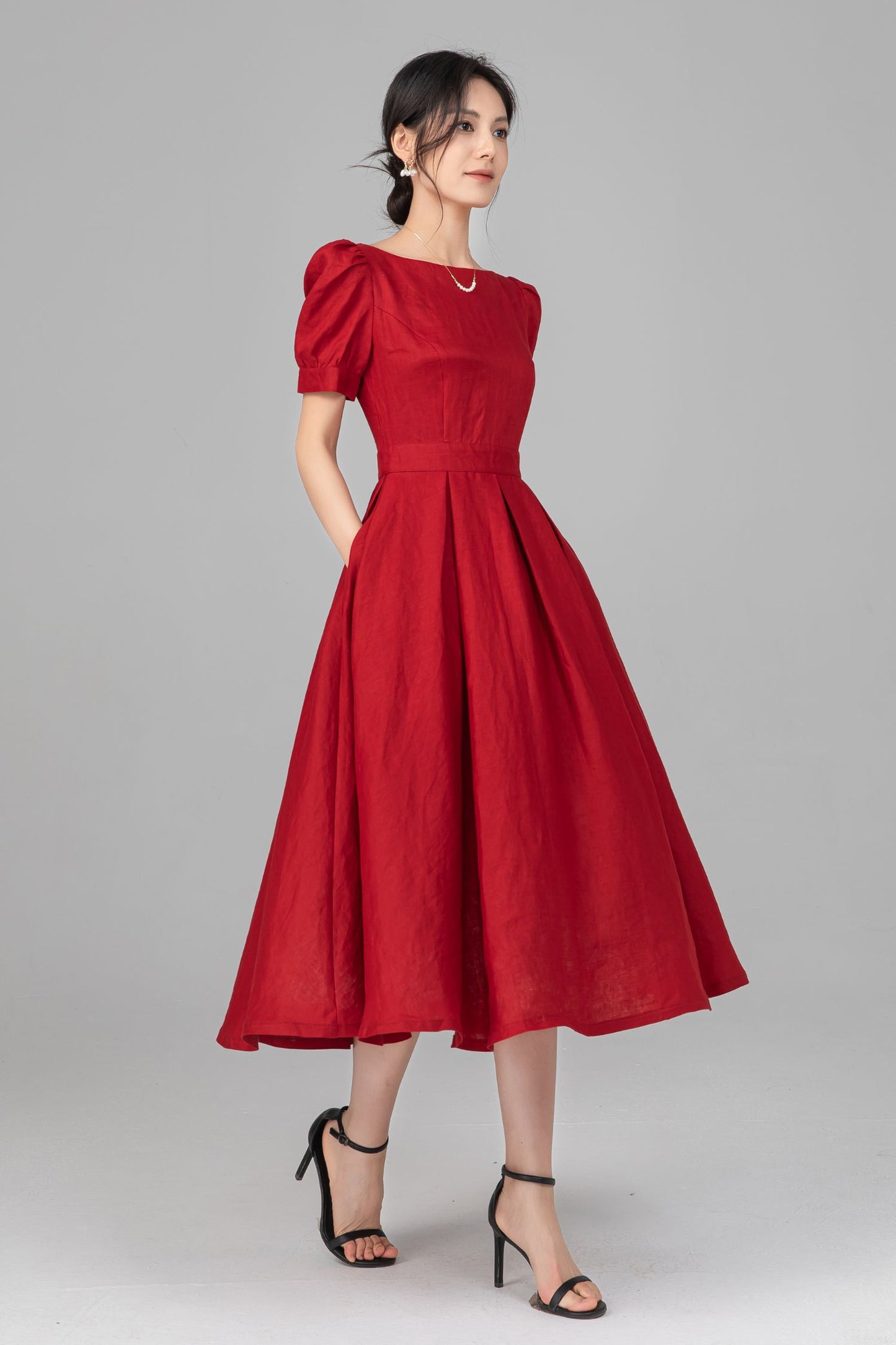 Red Linen Puff Sleeve Midi Dress - A-Line Bow Waist | Ylistyle C5517