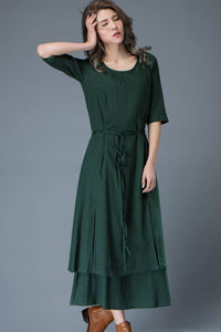 Emerald Green Loose-Fitted Layered Long Length Woman's Dress with Half Sleeves C806