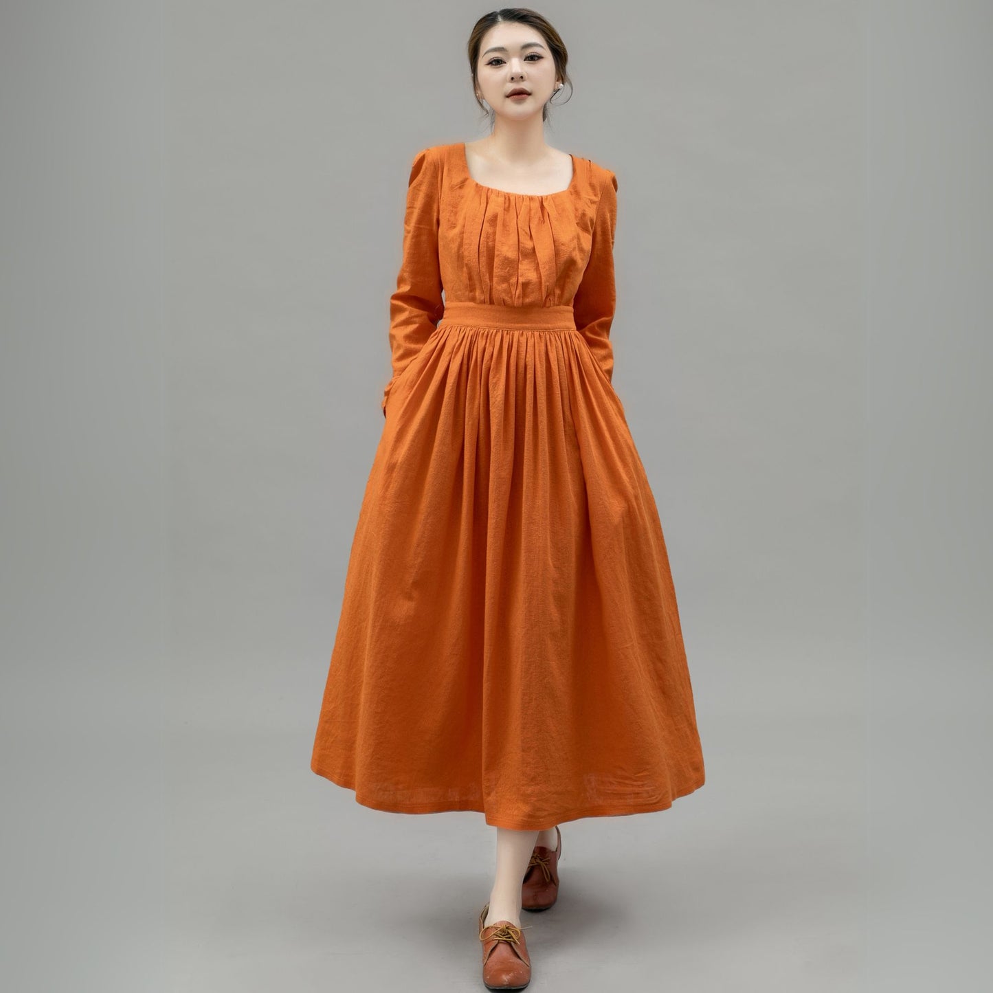 Light Orange Spring Linen Dress Women C4747