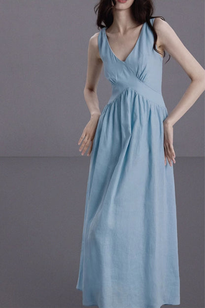 Blue elegant summer sleeveless linen dress C5061