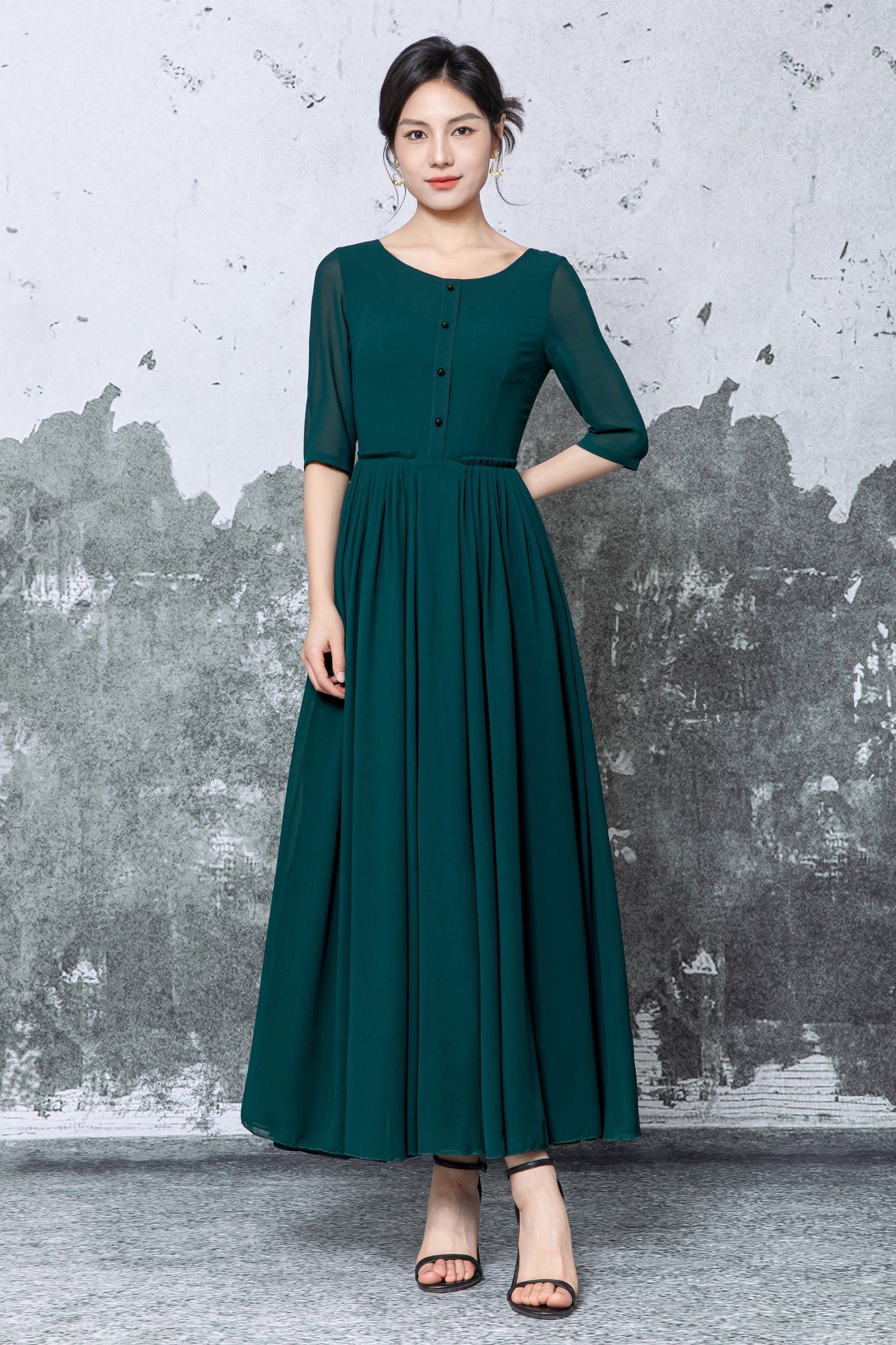 Dark Green Polyester Chiffon Maxi Dress - Pleated Fit-and-Flare with Half Sleeves c5472