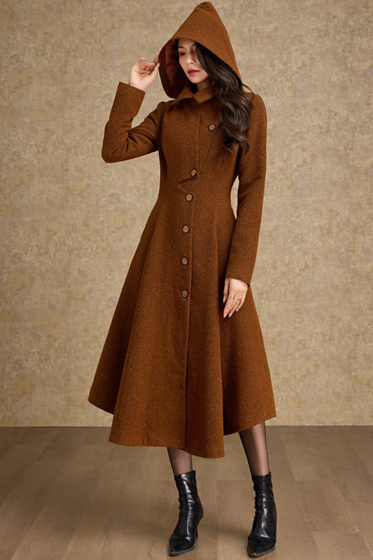 Asymmetrical hooded winter wool coat - C4475