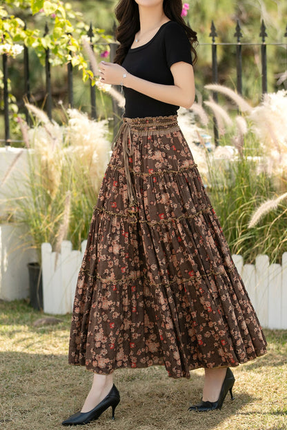 Brown Cotton Maxi Skirt - Floral Print, High Waisted Pleated c5440