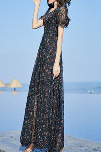 Black floral chiffon V-neck dress C4084