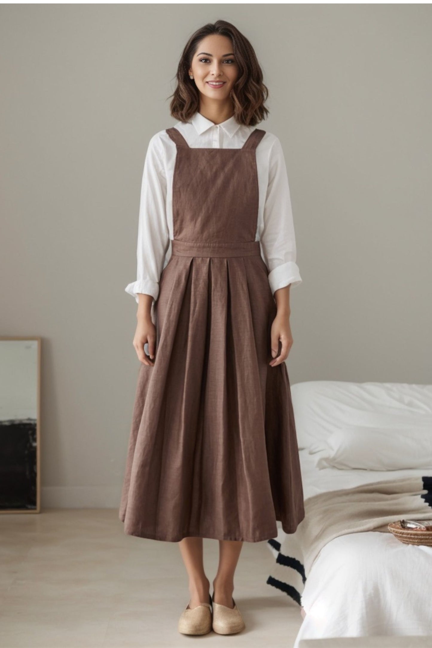 Summer pinafore linen dress with pockets C3230