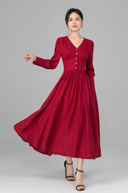 Red Linen Midi Dress - Button Front, V-Neck, Long Sleeve c5516