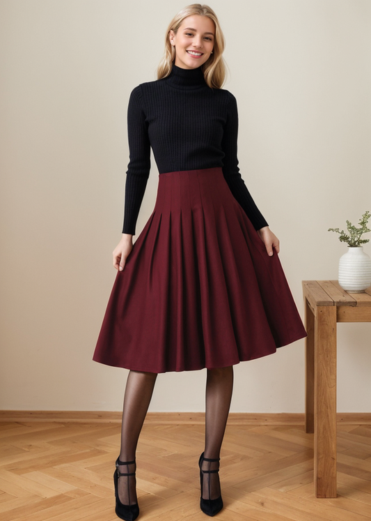Pleated Red Midi Wool Custom Skirt C4363