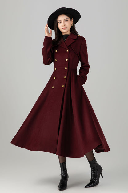 Burgundy winter long warm wool coat C5271