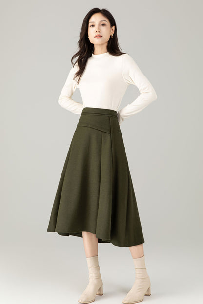 Green Wool Midi Skirt – A-Line Skirt with Pockets C5238