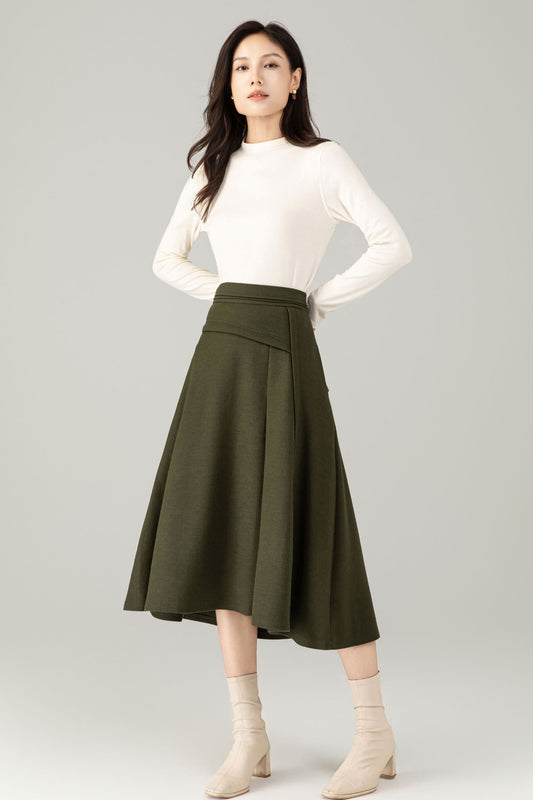 Green Wool Midi Skirt – A-Line Skirt with Pockets C5238
