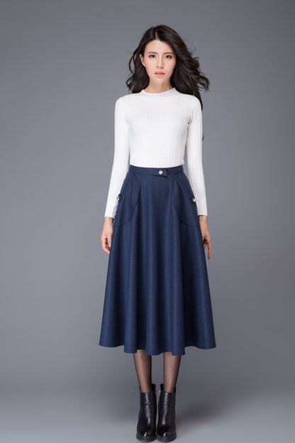 High waist blue midi winter wool skirt C1007