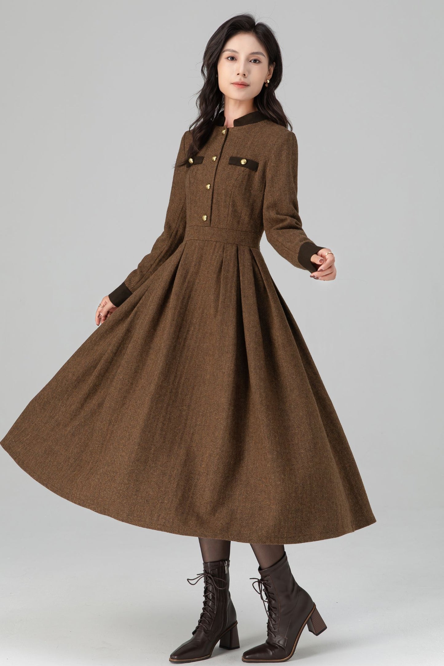 Warm Winter Military Button front Wool Dress Women C5194