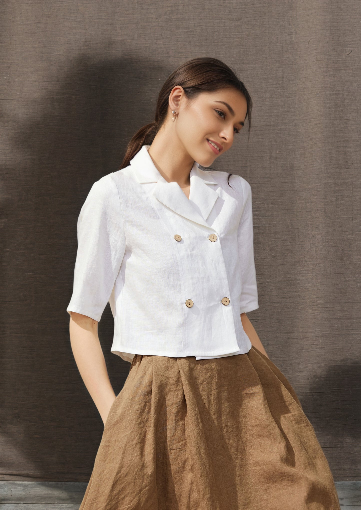 White Double Breasted Linen Shirt C4848