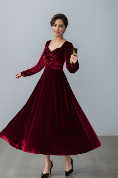Elegant Burgundy Velvet Long Dress C5357
