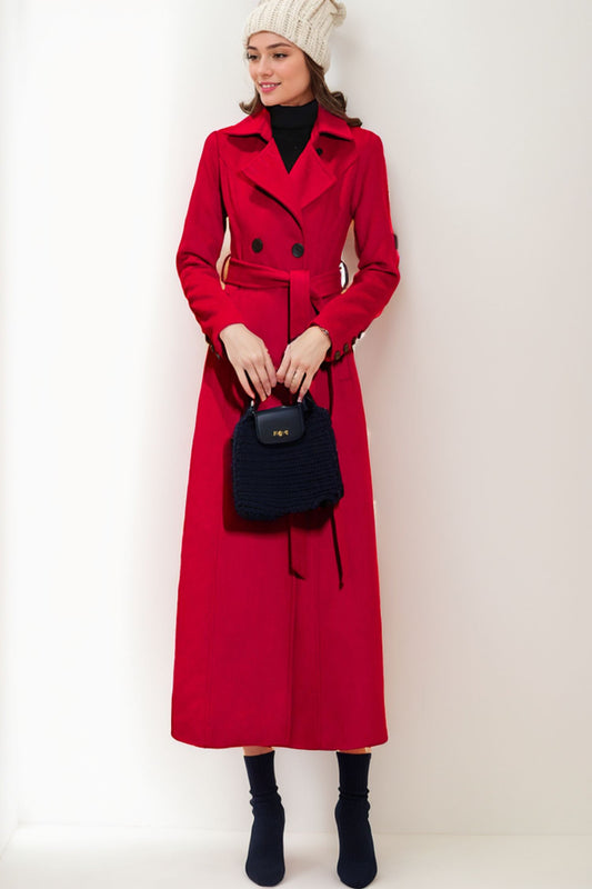 Red Wool trench Double breasted wool midi coat C4073