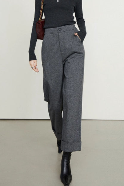 Wide leg office gray wool pants women C5352