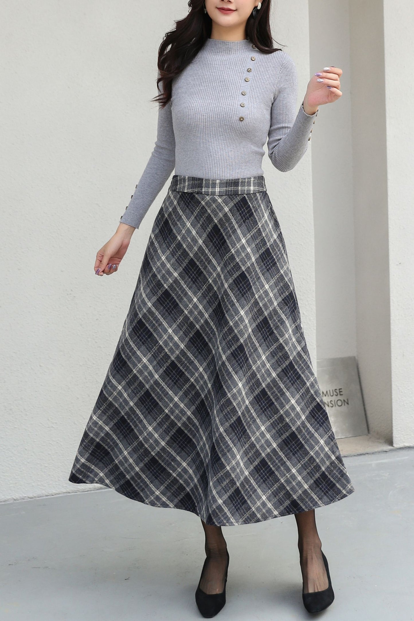 Plus Size Midi Plaid Wool Skirt C5188