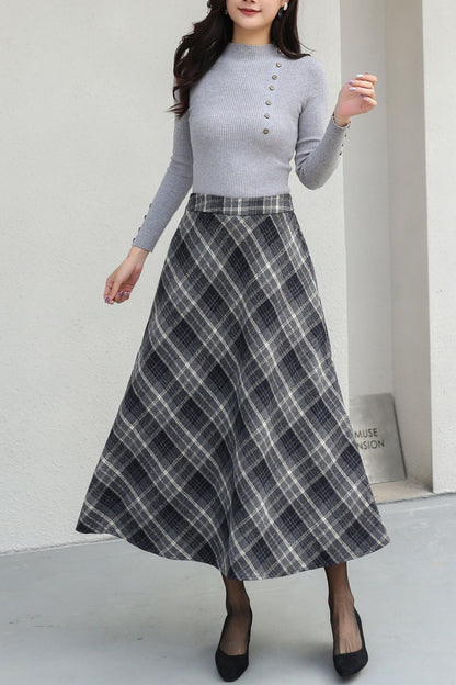Plus Size Midi Plaid Wool Skirt C5188