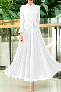 Long-sleeved new lace chiffon long dress C3992