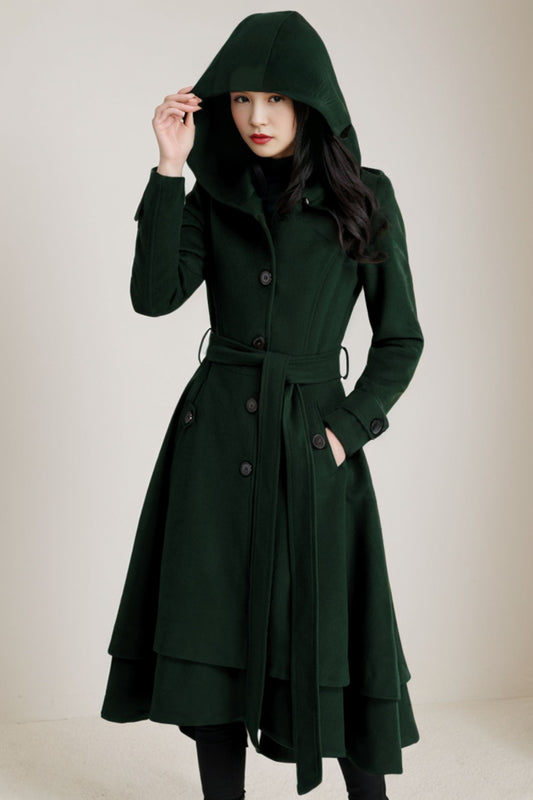 Wine red Hooded Wool Coat C2992