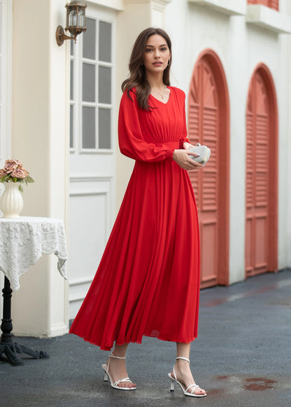 red fit and flare long chiffon dress C5397