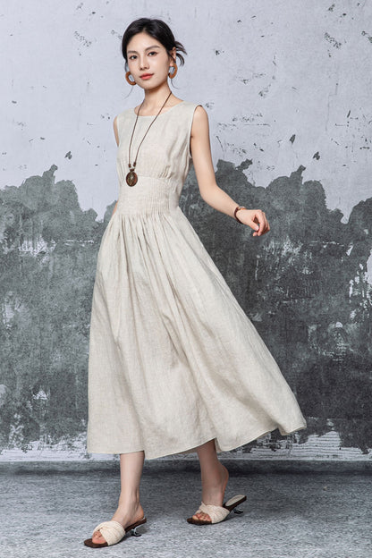 Natural Linen Maxi Dress - Sleeveless A-Line with Smocked Waist c5468