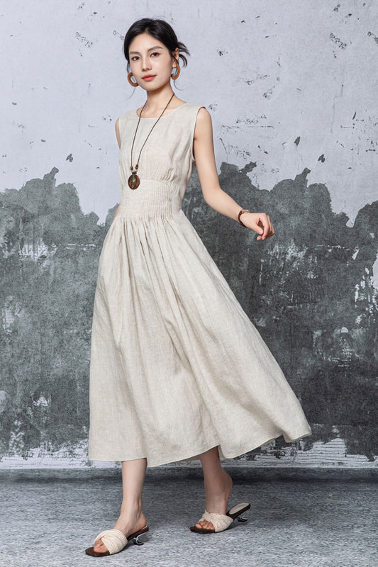 Natural Linen Maxi Dress: Sleeveless A-Line Dress with Pockets, Ylistyle C5468