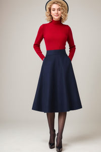 Dark Blue A Line Wool Skirt Women C4352