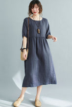 Load image into Gallery viewer, Natural Half Sleeve Linen Midi Dress in Navy C2113
