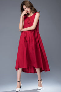 Red linen midi sleeveless loose summer dress C944