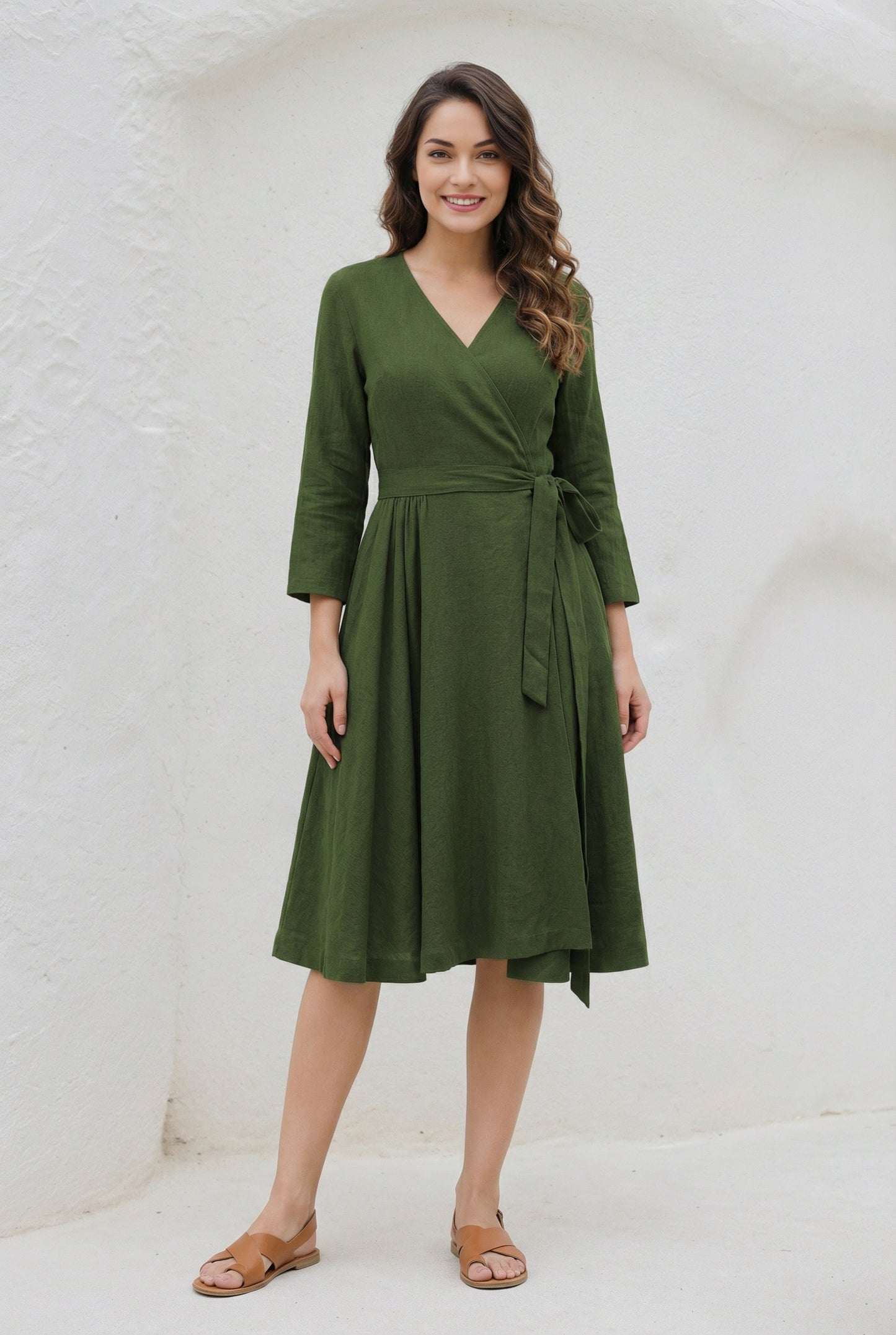 V-Neck Swing Midi linen dress with Waist Tie C5393