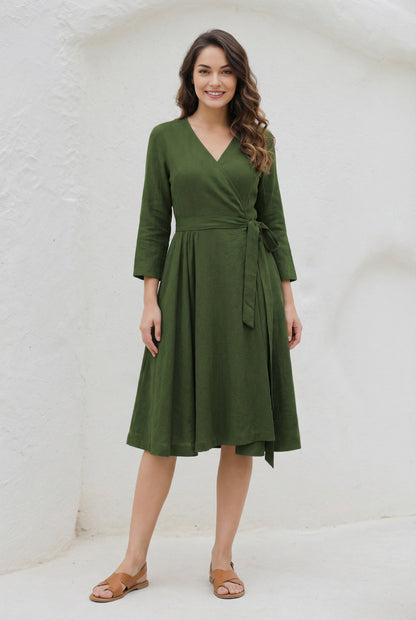 V-Neck Swing Midi linen dress with Waist Tie C5393