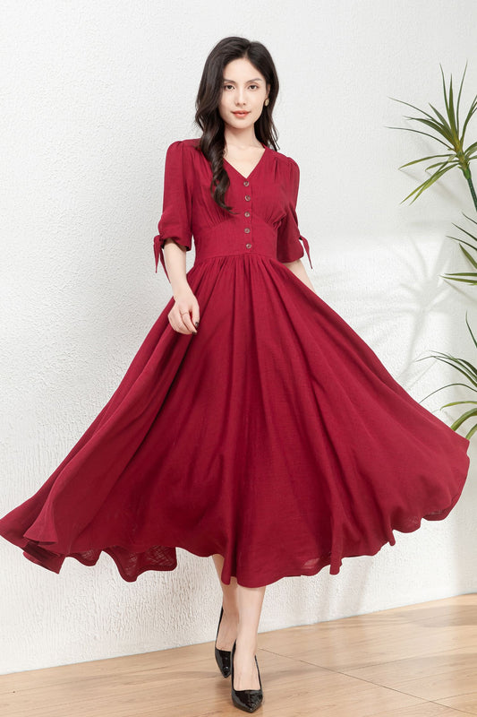 Burgundy fit and flare linen dress C4771