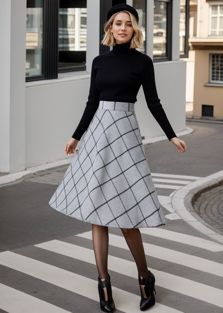 Women Winter A Line Midi Plaid Skirt C4355