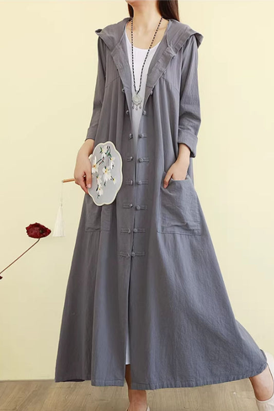 Hooded long linen shirt dress women C5430