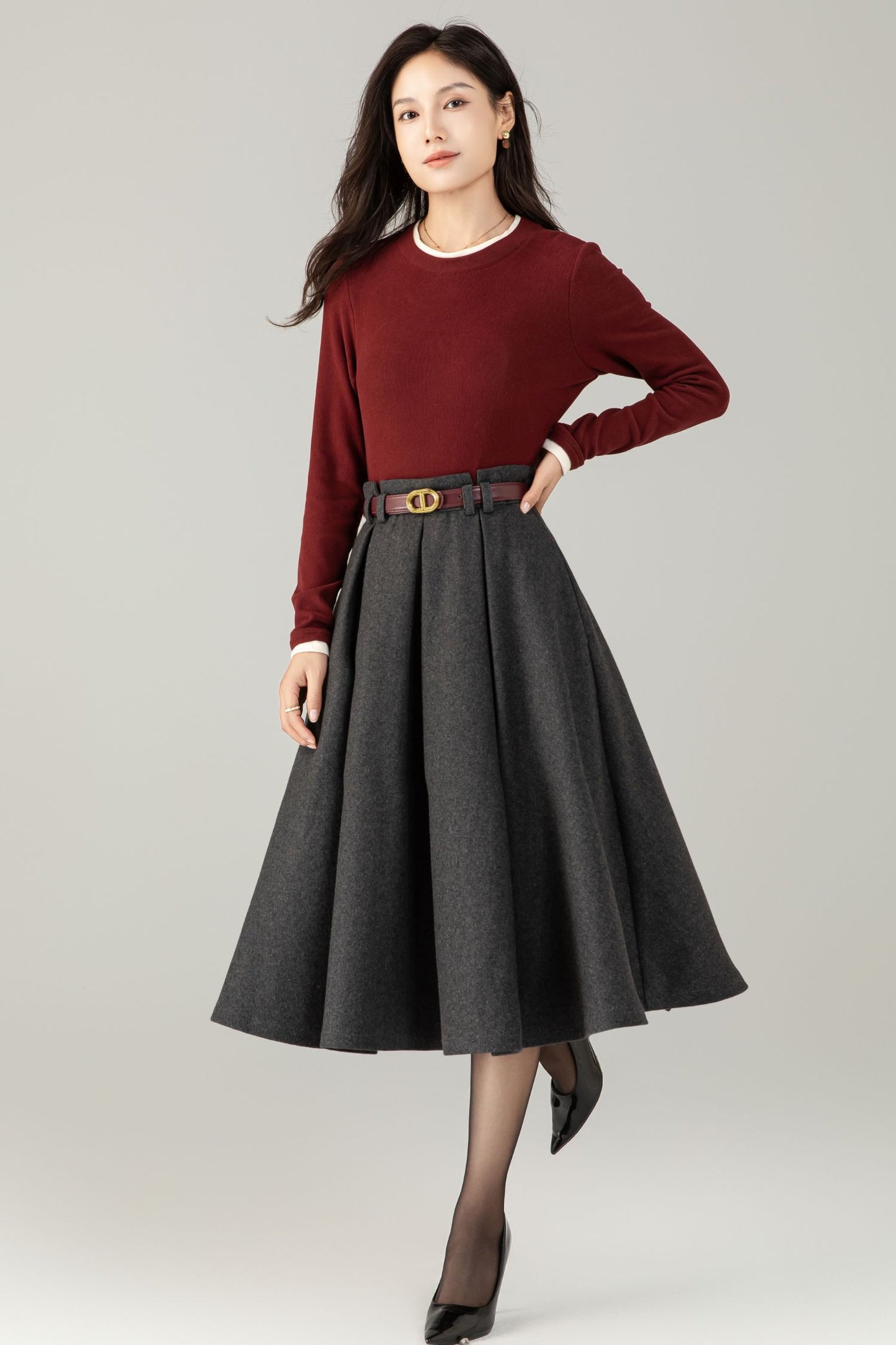 High waist a line gray winter wool skirt C5240