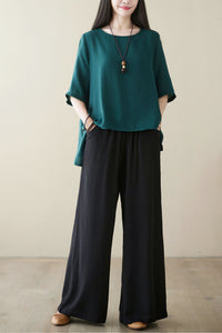 Black casual linen long pants C3962