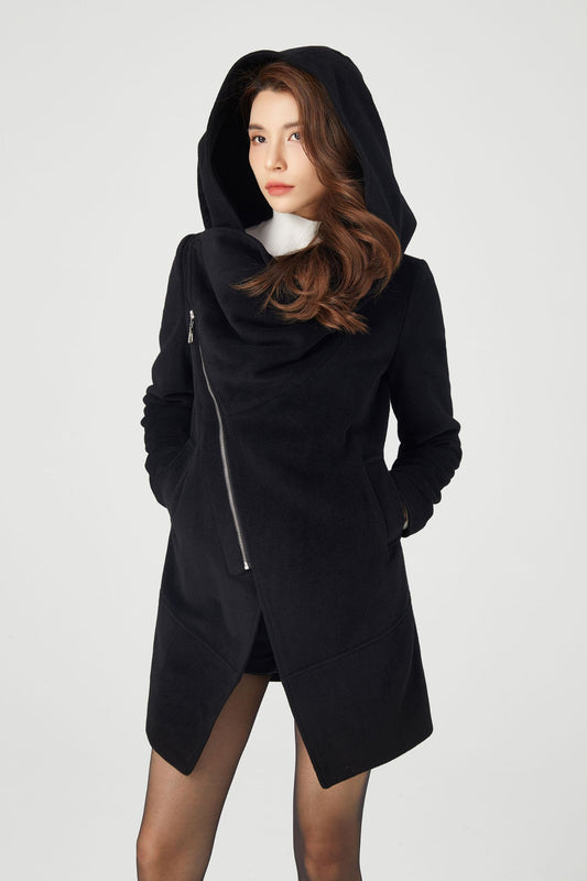 Black Hooded Asymmetrical Wool Coat C3680