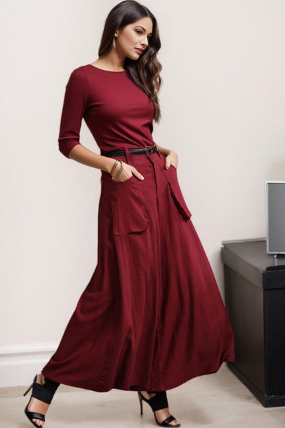 Fall winter Burgundy Wide Leg Long Linen Pants c4548