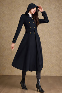 Double breasted hooded long wool coat C4480