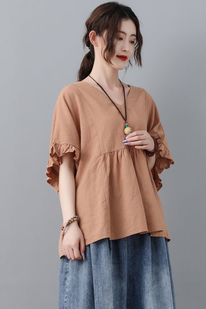 Loose fitting summer linen blouse with ruffle details C2303