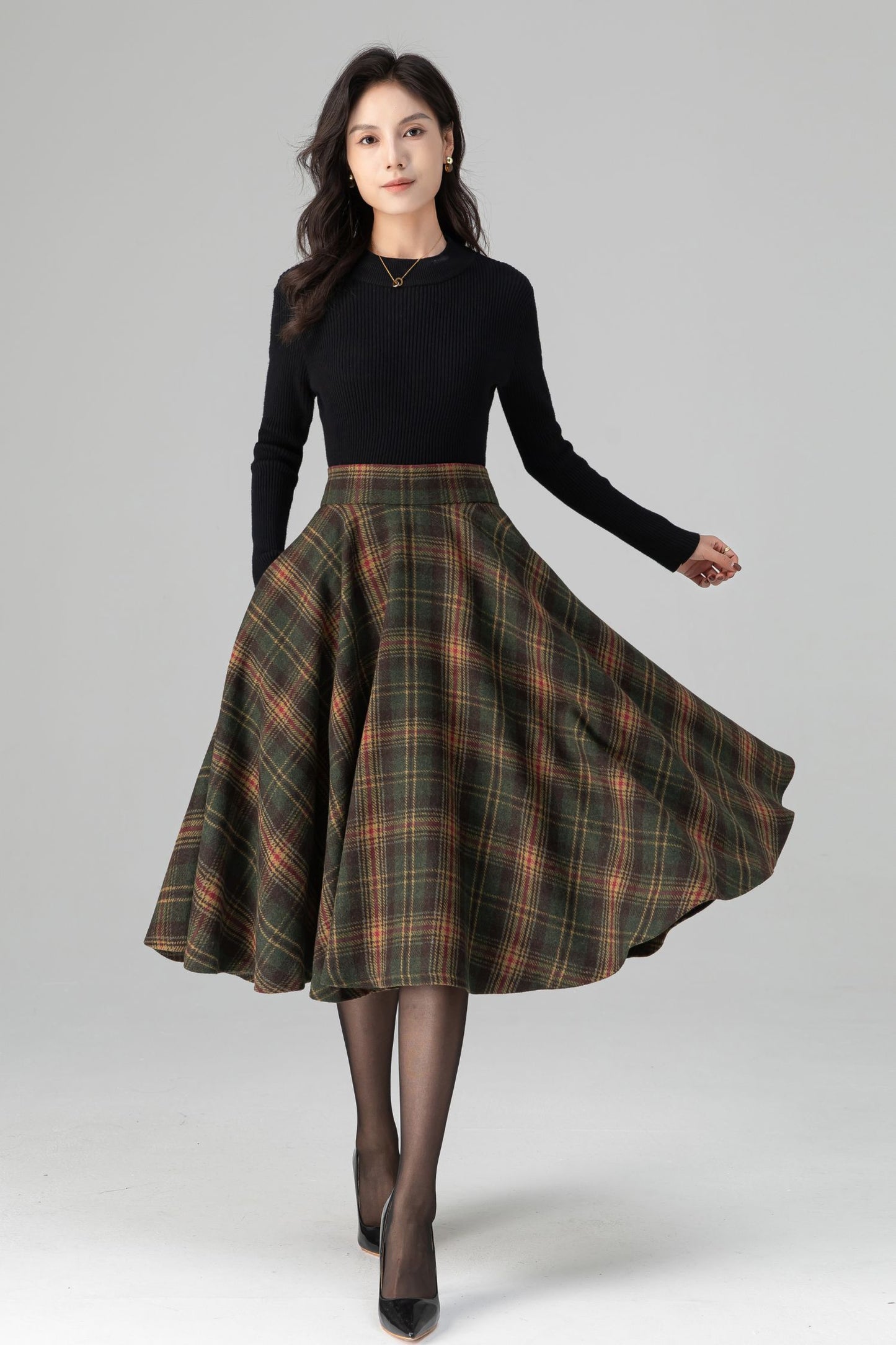 Swing Retro Tartan Midi Plaid Wool Skirt C5197