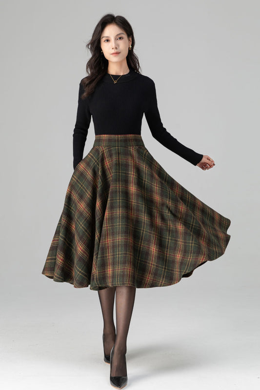 Swing Retro Tartan Midi Plaid Wool Skirt C5197