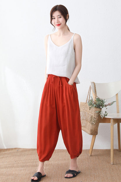 Orange Linen elastic waist drawstring pants C2332