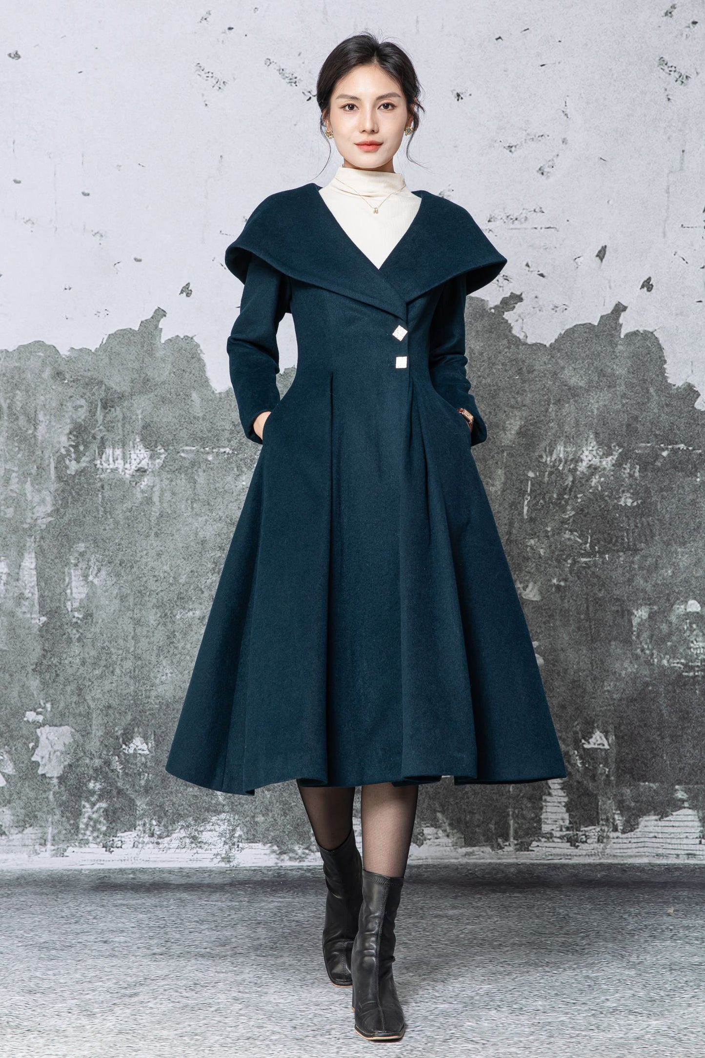 Dark Teal Wool Midi Coat - Large Lapel & Fit-and-Flare Silhouette C5480