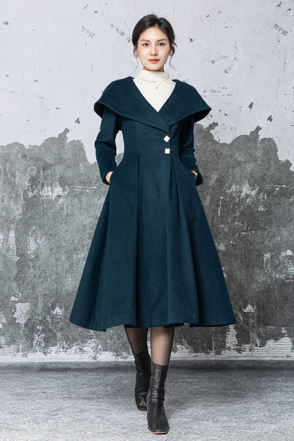 Dark Teal Wool Midi Coat - Large Lapel & Fit-and-Flare Silhouette C5480