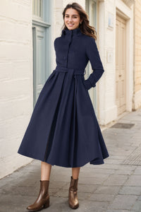 Navy Blue Long winter Wool Coat C4324