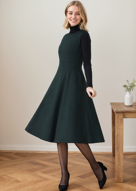 Swing Sleeveless Midi Pinafore Wool Dress C4360