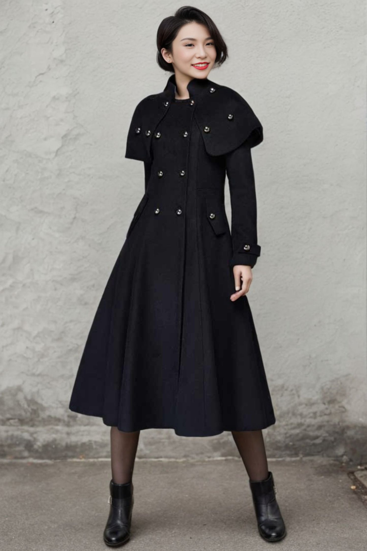 Women's Black Capelet Wool Coat C4421